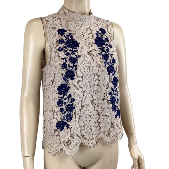 Haute Monde Tan Lace Sleeveless Top Blouse Navy Embroidery Size Medium - Picture 3 of 8